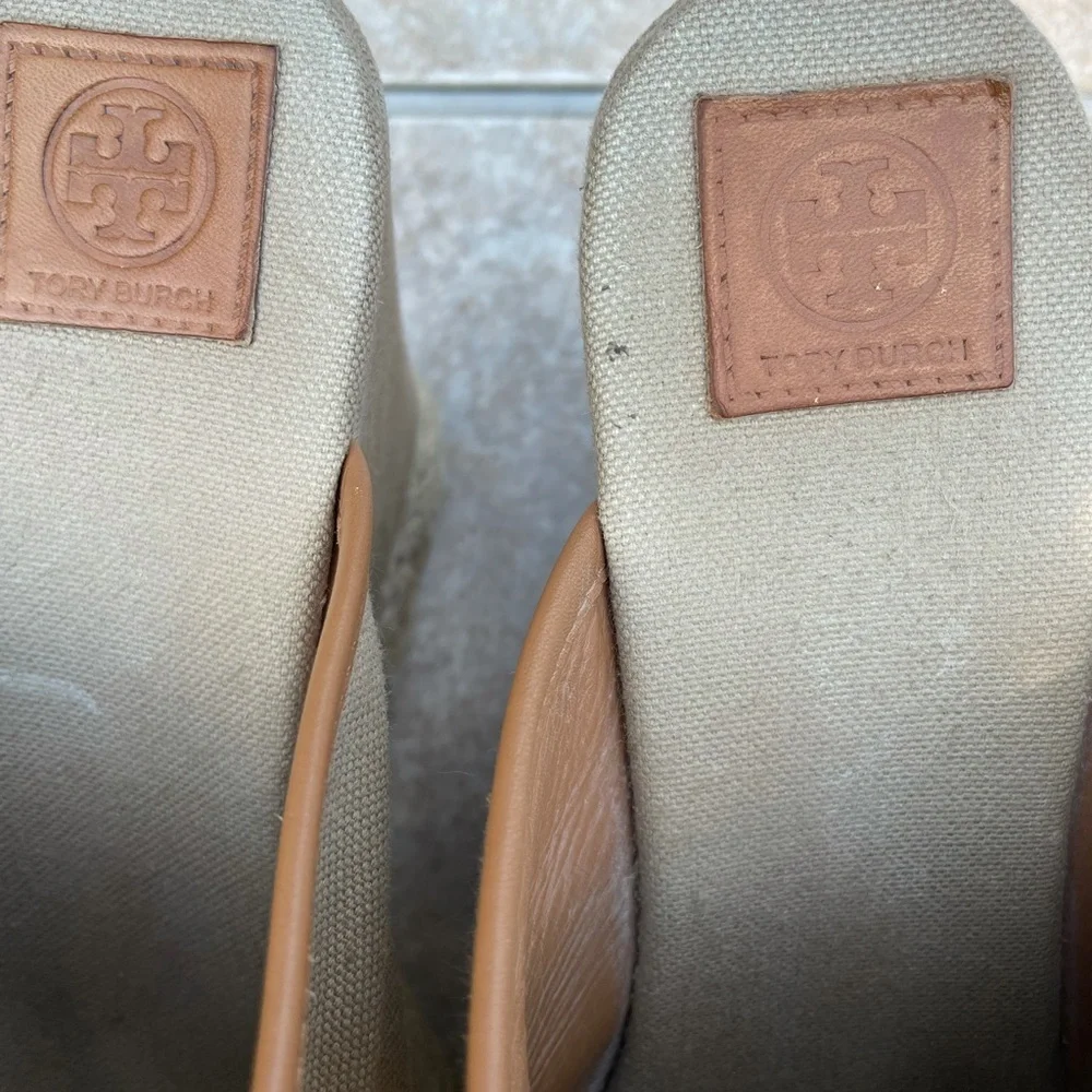 Tory Burch Beige Canvas Wedge Espadrille Mules